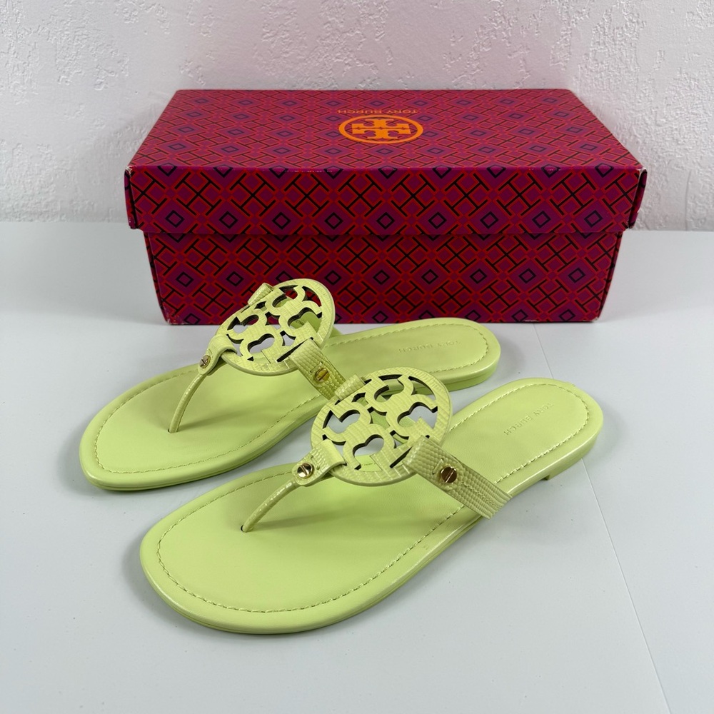 Tory Burch Miller Women’s Size 9 Lime Leaf Embossed Leather Sandal New w/ Box